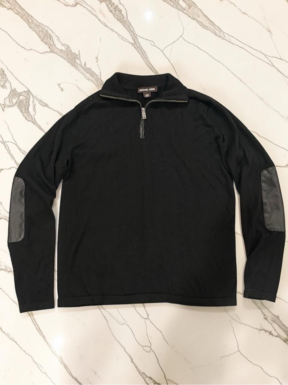 Michael Kors Men’s Black Wool Blend 1/4 Zip Sweater with Elbow Patches